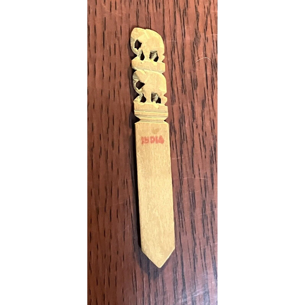 Vintage Intricate Elephant Hand Carved Wooden Bookmark 3" - India - Clip Style